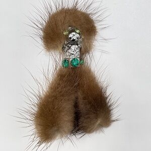 Vintage Mink Poodle Dog Pin Brooch Green Rhinestones